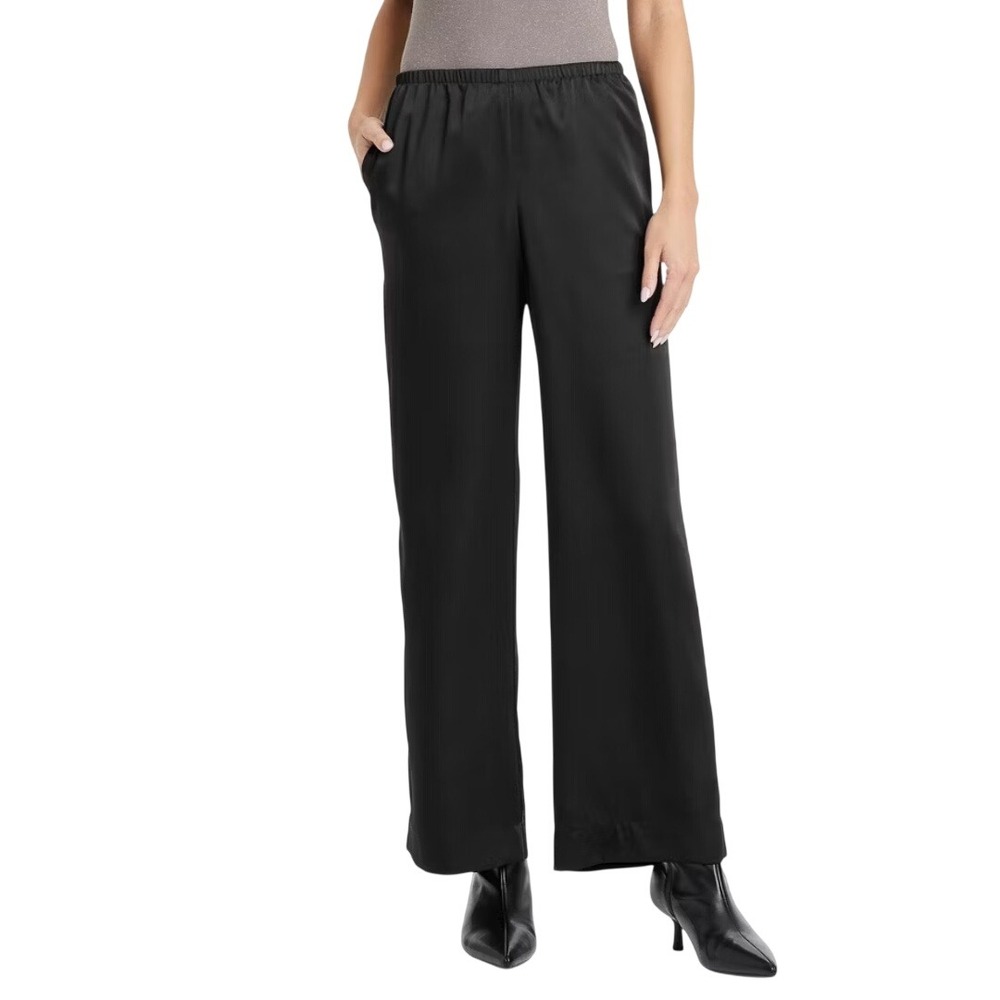 A New Day Women's Black Satin Mid Rise Elastic Waist Wide Leg Pants Size XS
